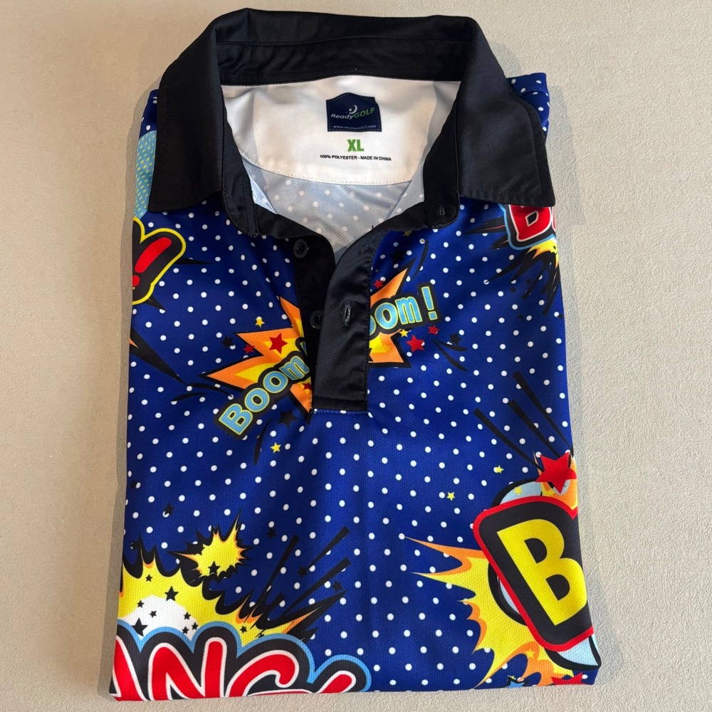 ReadyGOLF Mens Comic Book Boom Bang Pow Polka Dot Golf Polo Shirt Blue XL - Picture 9 of 9